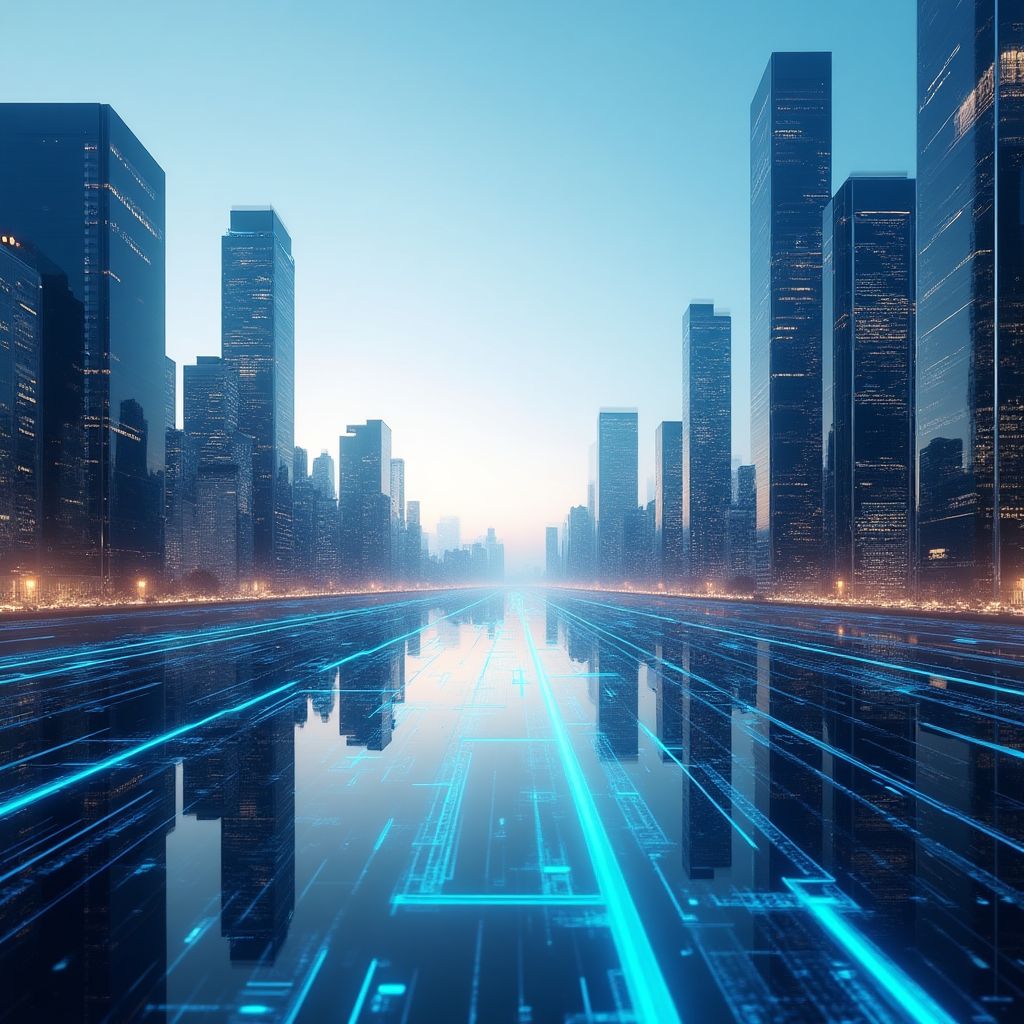 Una representación artística de una ciudad futurista con flujos de datos digitales.